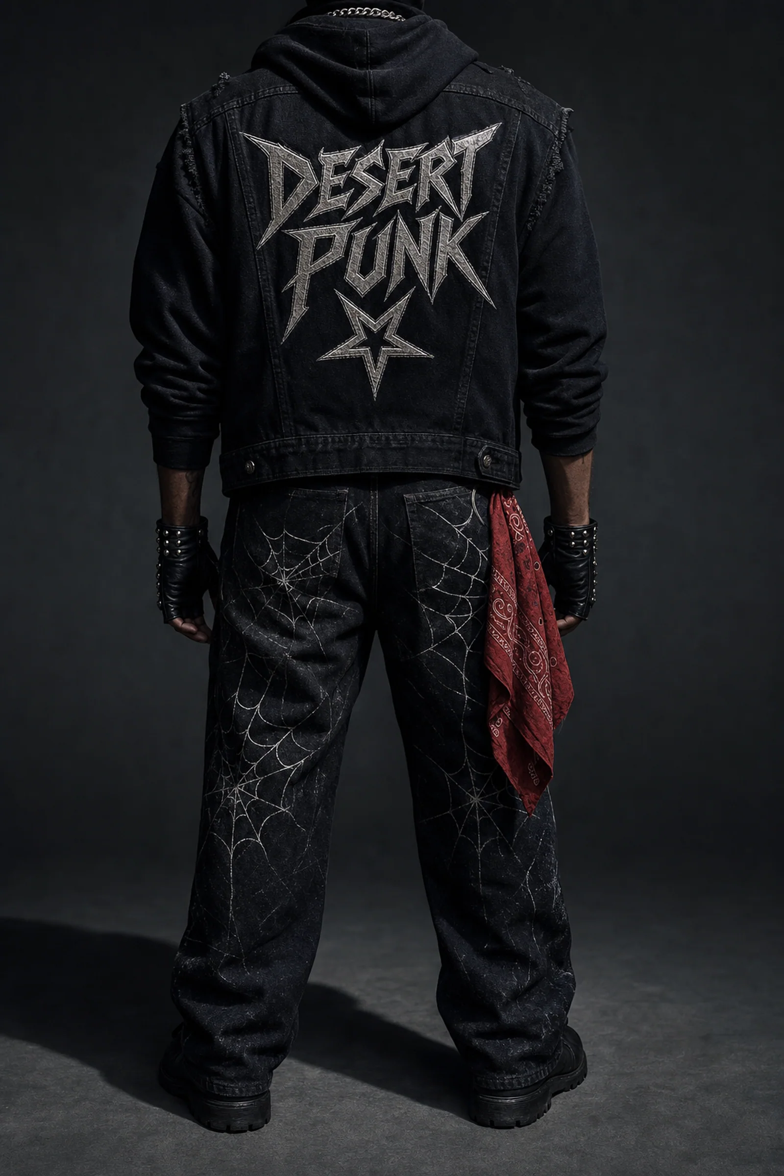 Figure from behind wearing a sleeveless denim cut with an embroidered chrome back patch