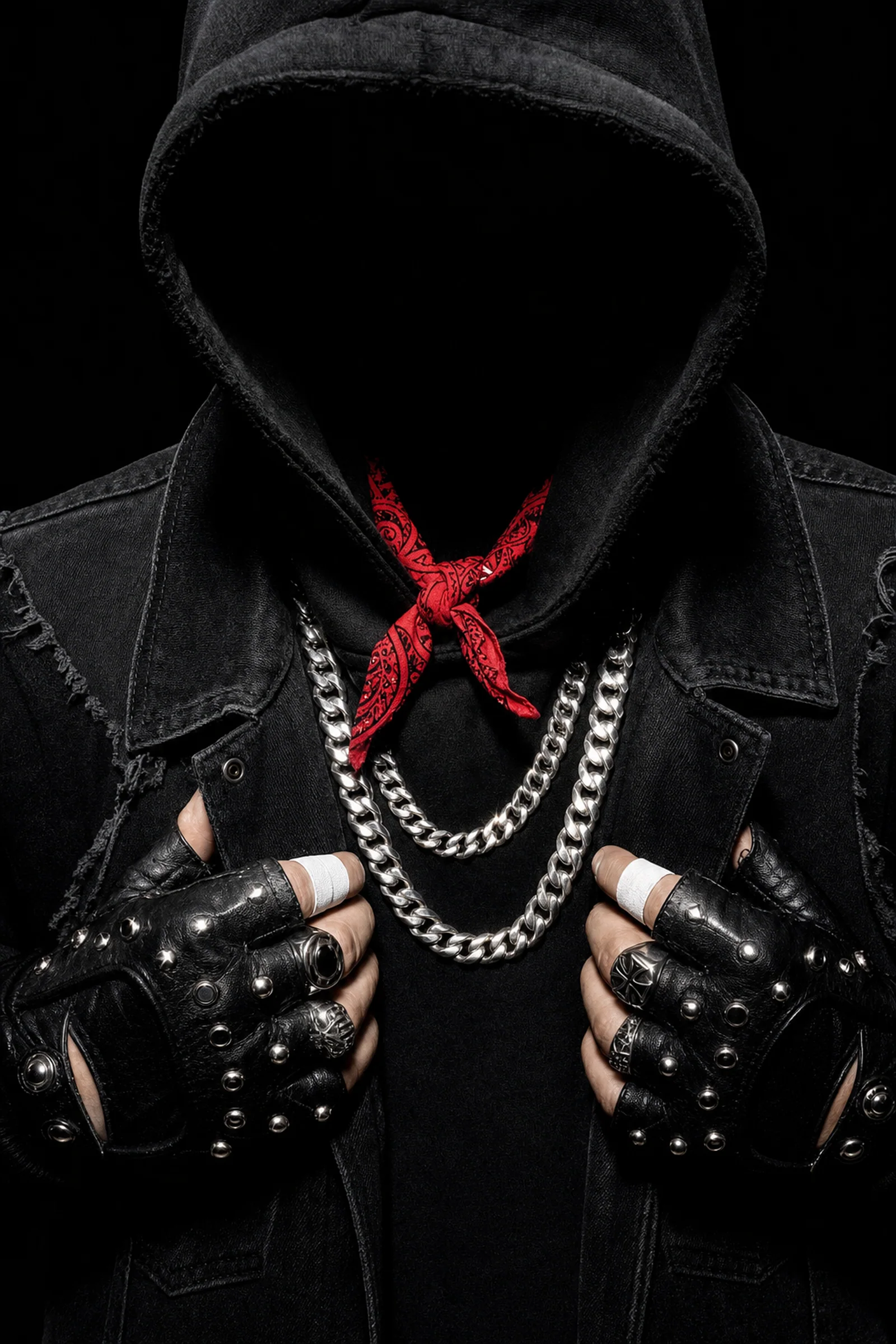 Cropped torso, hood raised, chains and studded gloves