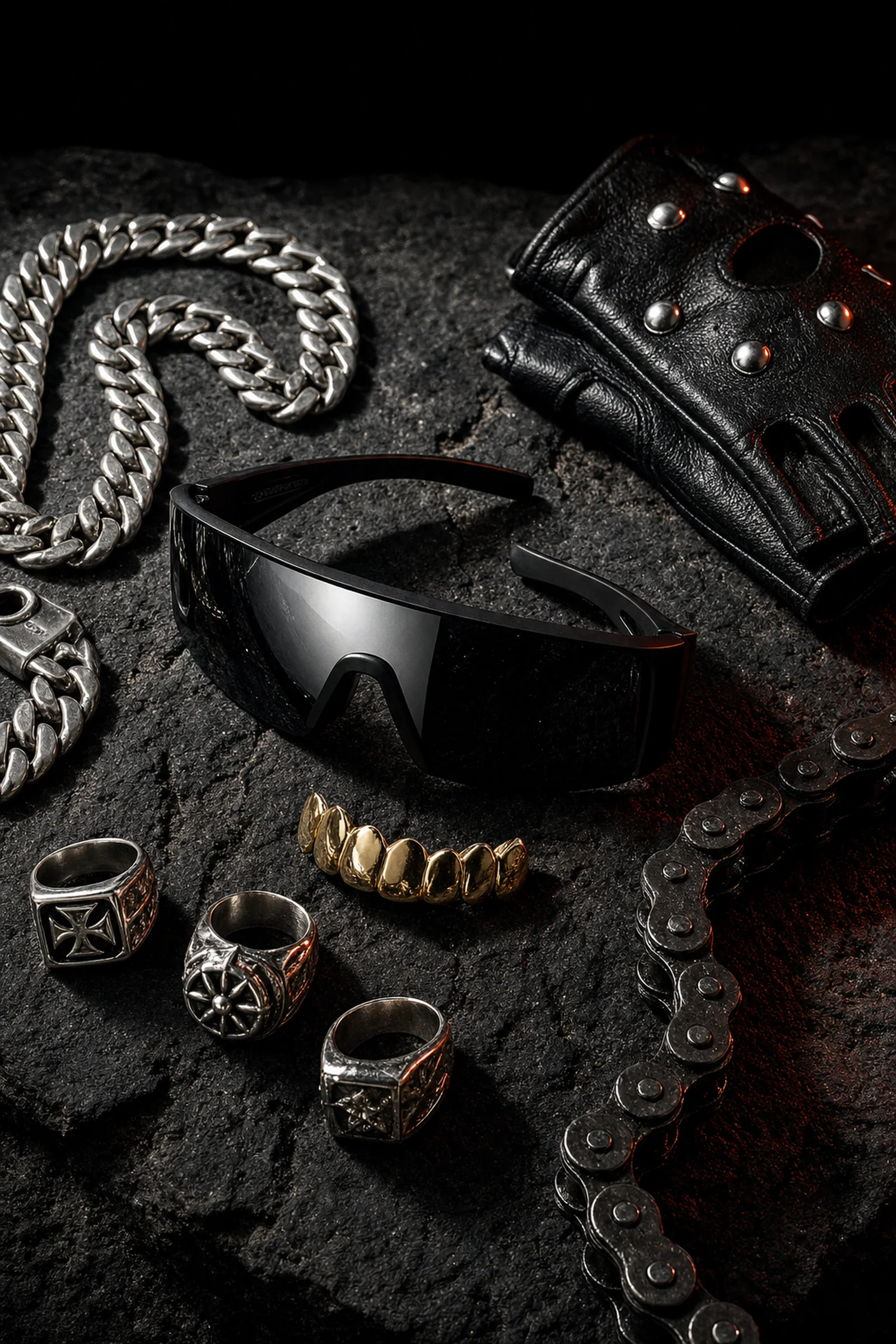 Still life of wraparound sunglasses, gold grill, chain, glove and rings on black stone