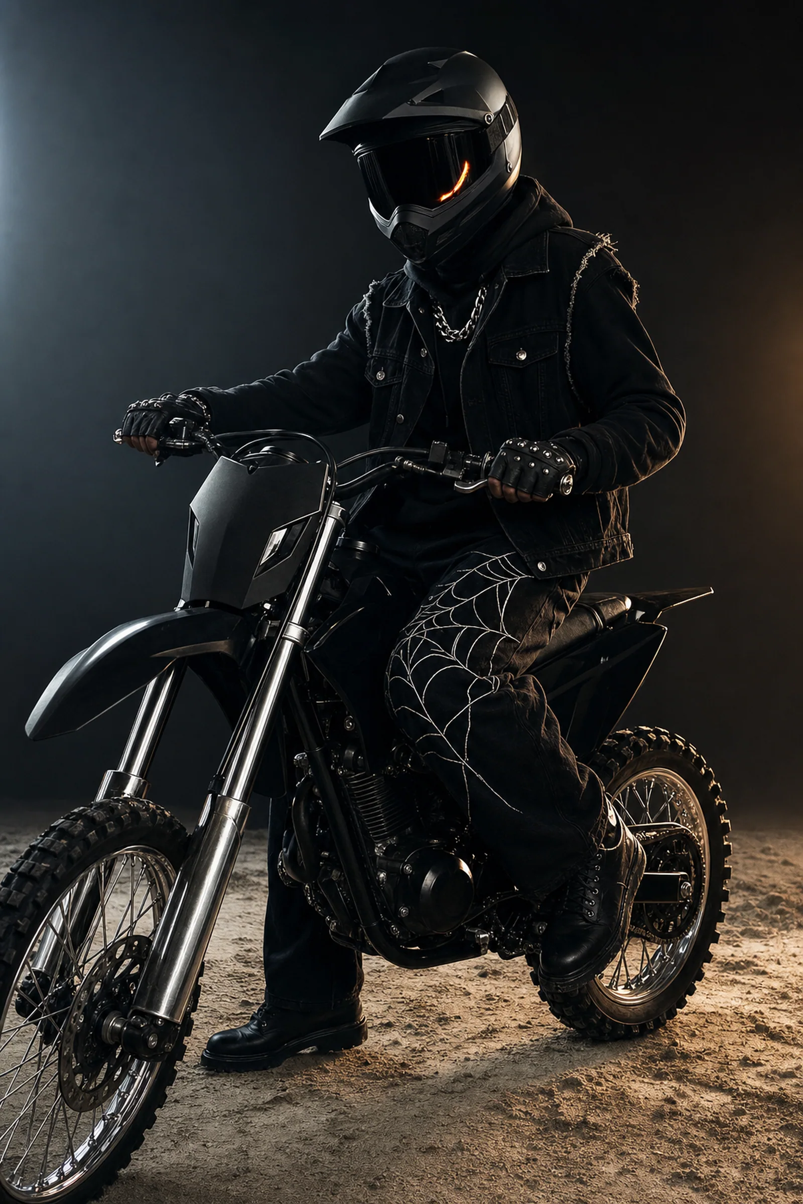 Rider in a blacked-out full-face helmet seated on a dirt bike in a studio
