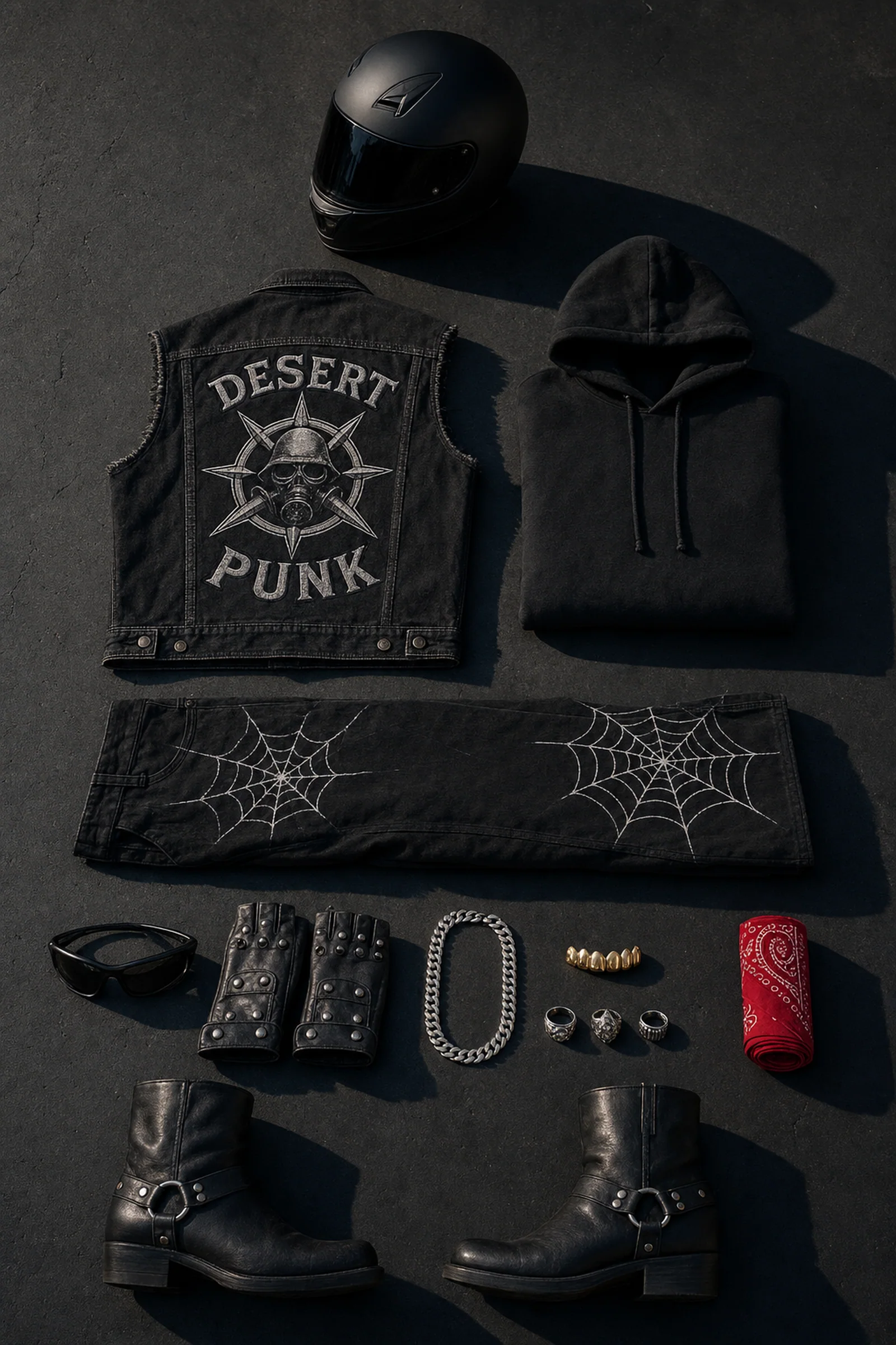 Overhead flat lay of the full look on black concrete