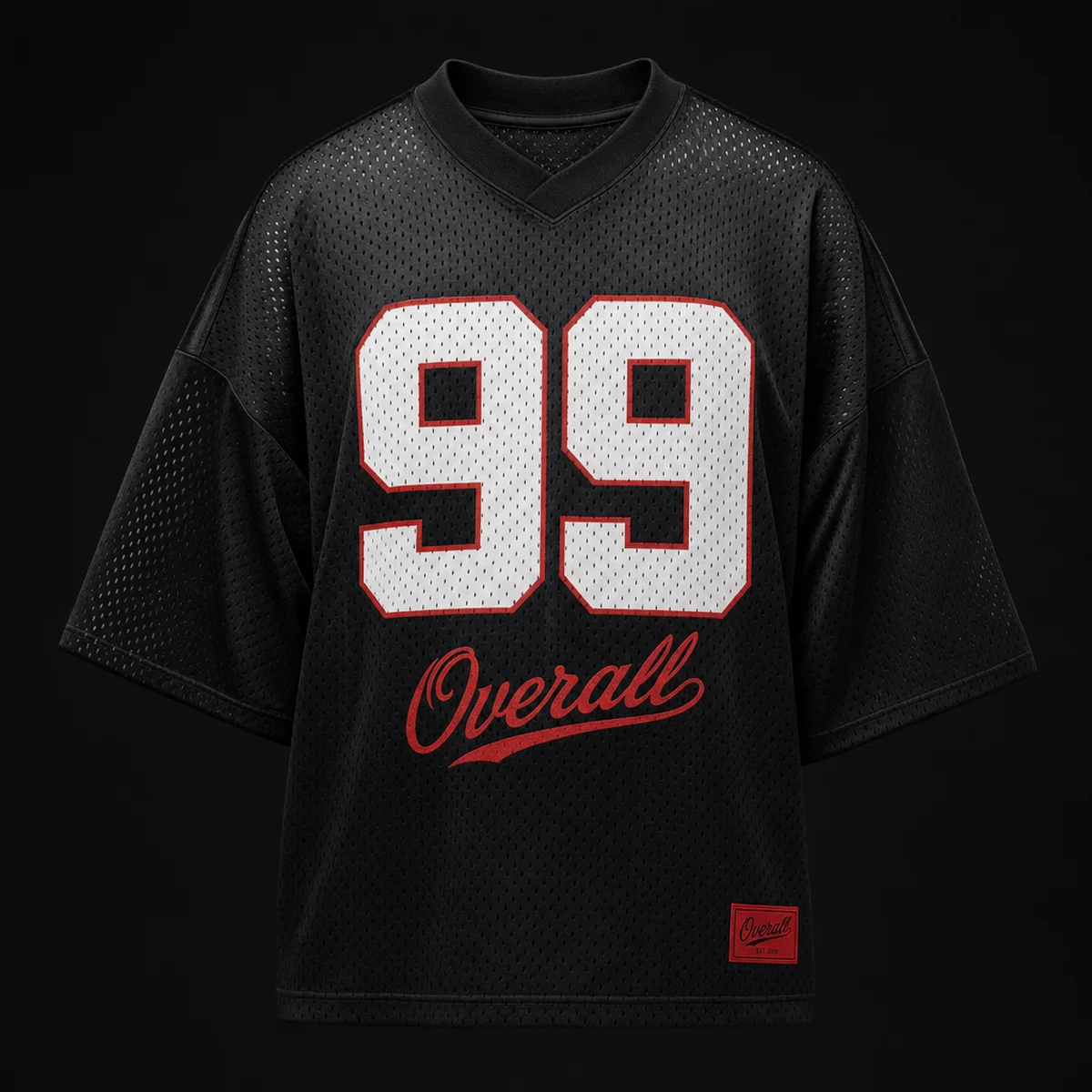 Black mesh football jersey with a large white 99 outlined in red and red Overall script beneath