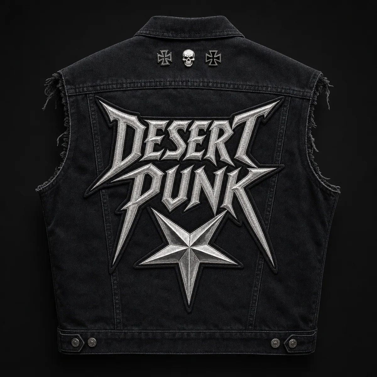 Black sleeveless denim cut photographed from the back with an embroidered chrome Desert Punk patch and a spiked star